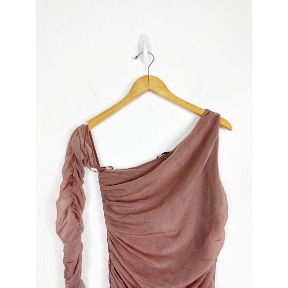 Zara Fitted Asymmetric Draped Organza Dress Medium One Sleeve Ruched Cocktail - Picture 4 of 14